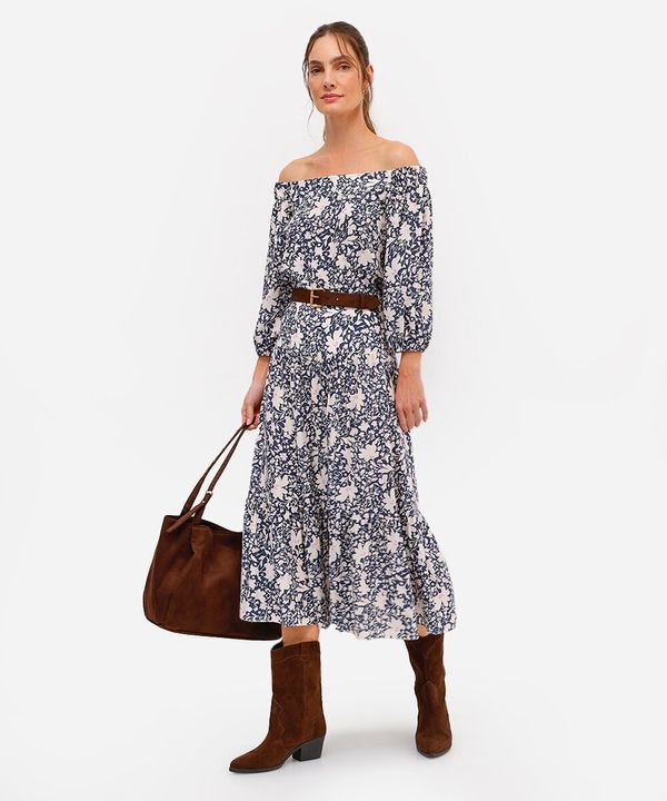 vestido midi de viscose ombro a ombro floral azul PP