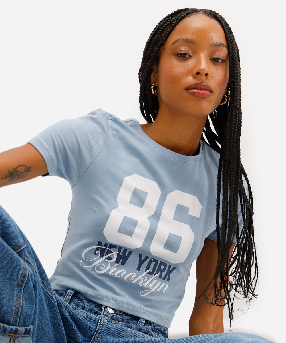 cropped feminino de algodão new york azul