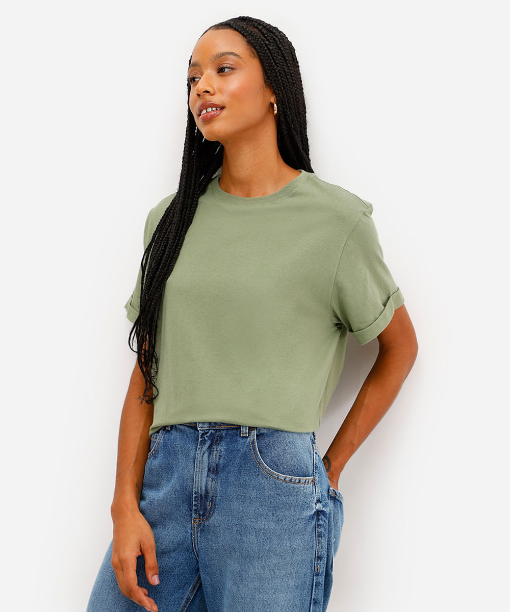 camiseta básica feminina de algodão manga curta verde