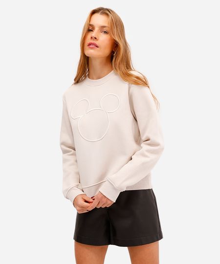 blusão feminino de moletom felpado bordado mickey bege PP