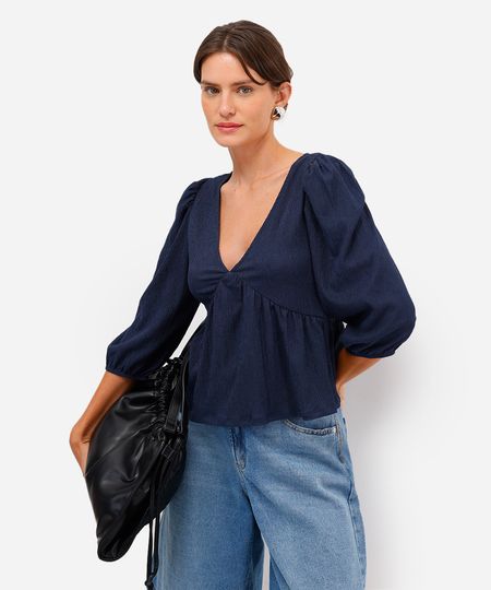 bata feminina manga bufante texturizada azul P
