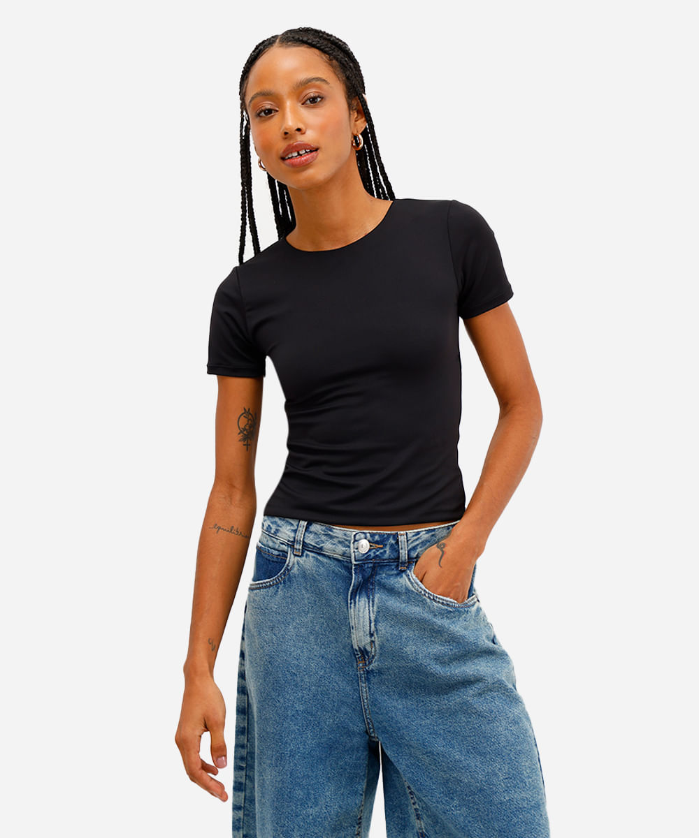 blusa feminina de poliamida manga curta preta