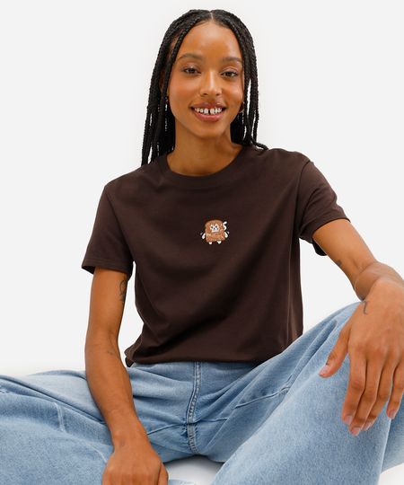 camiseta feminina de algodão gatinho marrom PP camiseta feminina de algodão gatinho marrom PP