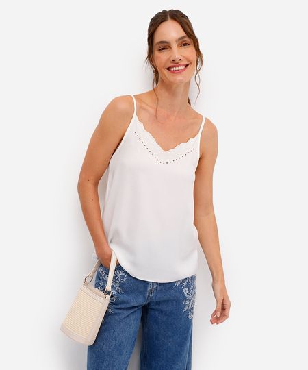 blusa alça fina de viscose com bordado floral off white PP