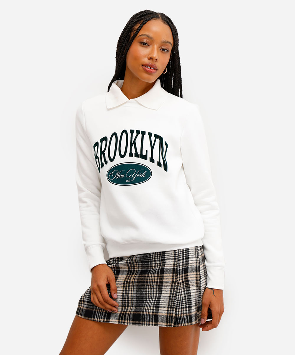 blusão feminino de moletom felpado brooklyn off white