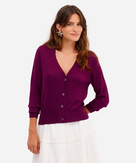 cardigan feminino de tricot cropped manga longa roxo P cardigan feminino de tricot cropped manga longa roxo P