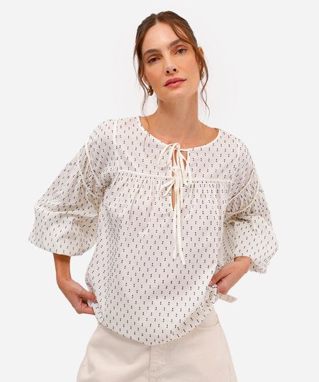 bata feminina de algodão estampa manga bufante off white G bata feminina de algodão estampa manga bufante off white G