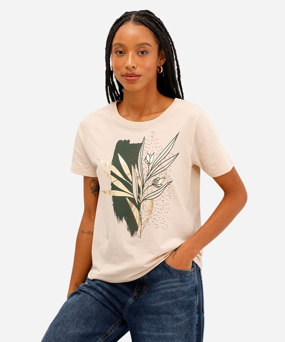 camiseta feminina de algodão folhagem metalizada bege
