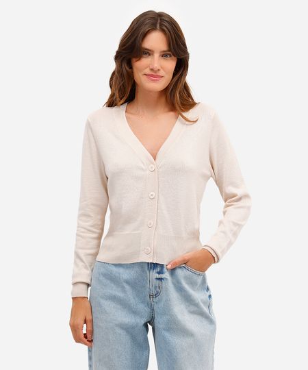 cardigan feminino de tricot cropped manga longa bege PP cardigan feminino de tricot cropped manga longa bege PP