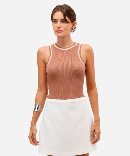 regata feminina de tricot canelada bege PP