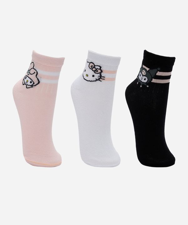 kit de 3 meias cano médio femininas hello kitty e amigos colorida 34-39