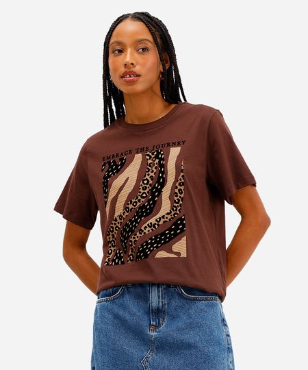 camiseta feminina de algodão animal print marrom PP camiseta feminina de algodão animal print marrom PP
