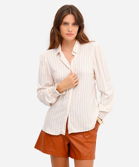 camisa feminina de viscose com franzido listrada bege PP