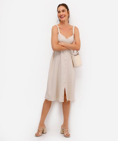 vestido midi evasê feminino com linho bege PP