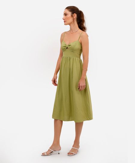 vestido midi feminino com linho e recorte verde P vestido midi feminino com linho e recorte verde P