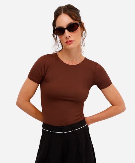 blusa feminina de poliamida manga curta marrom P