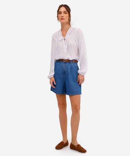 bermuda feminina jeans com pregas e cinto azul 34 bermuda feminina jeans com pregas e cinto azul 34