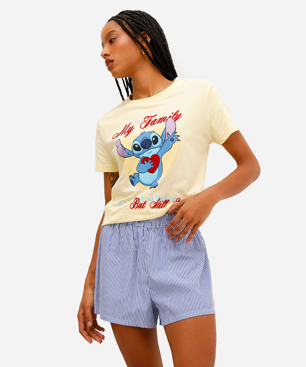 camiseta feminina de algodão stitch texturizada amarela