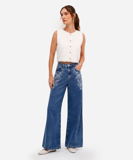 calça wide leg feminina jeans bordado floral azul 36
