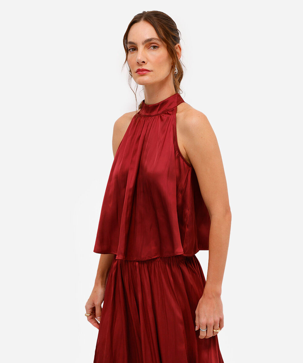 blusa feminina halterneck acetinada vinho