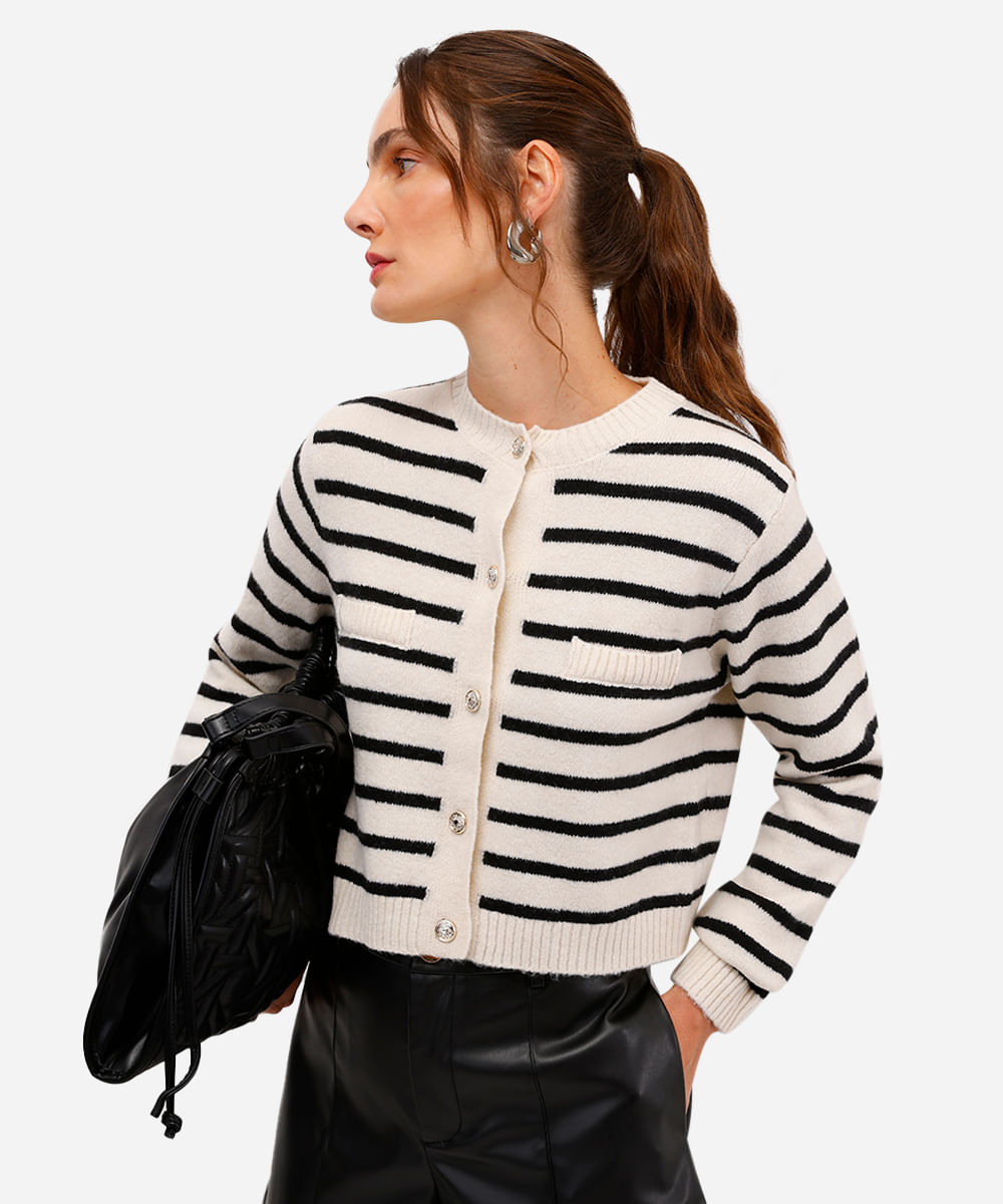 Vista 2 cardigan feminino de tricot listrado C&A OFF White C&A OFF White