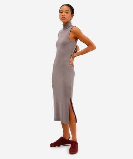 vestido midi feminino canelado com fenda cinza P