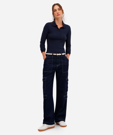 calça cargo feminina jeans cintura média azul 34