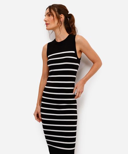 vestido midi básico feminino de tricot listrado preto PP