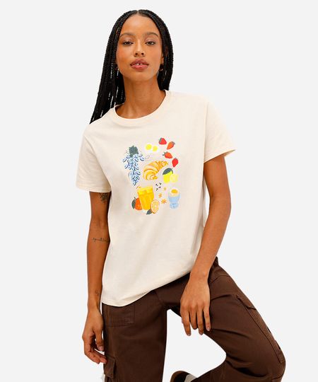 camiseta feminina de algodão estampada bege P camiseta feminina de algodão estampada bege P