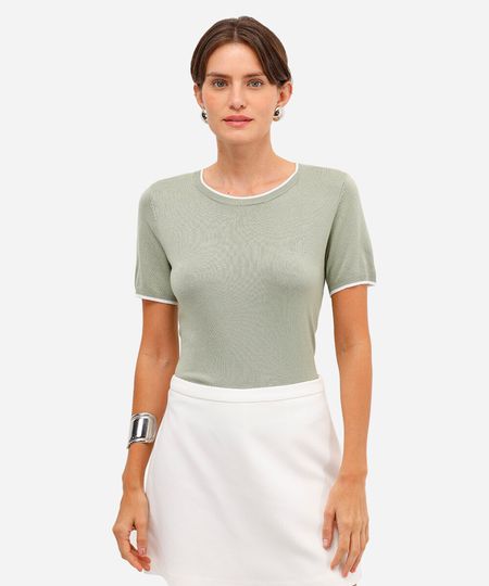 blusa de tricot manga curta listra - verde claro P blusa de tricot manga curta listra - verde claro P