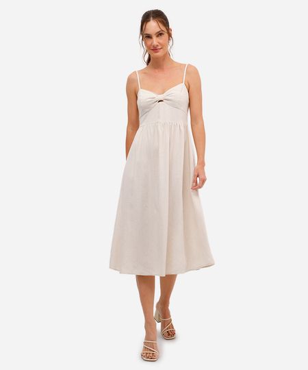 vestido midi feminino com linho e recorte bege PP