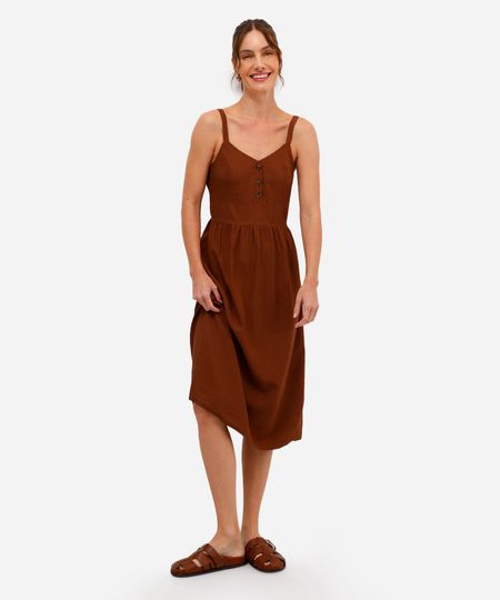 vestido midi feminino de viscose alça fina marrom P