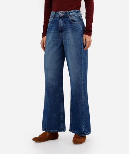 calça wide leg feminina jeans cintura alta azul 34