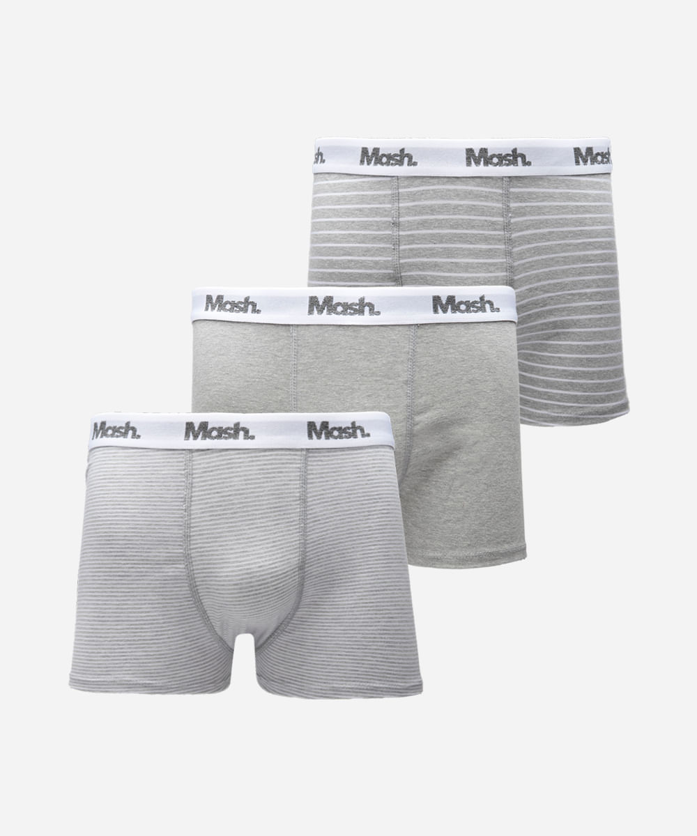 kit de 3 cuecas boxer de algodão mash cinza