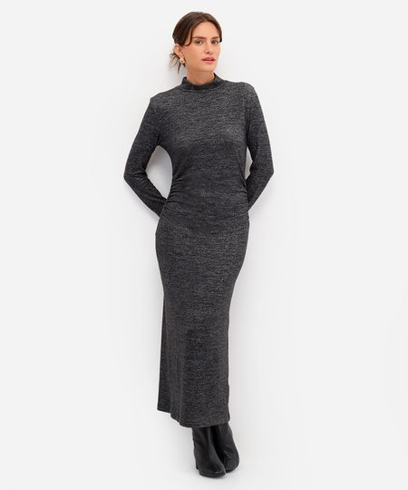 vestido midi feminino de tricot manga longa franzido cinza P