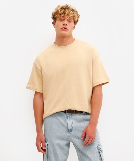camiseta oversized masculina de moletom sem felpa bege M
