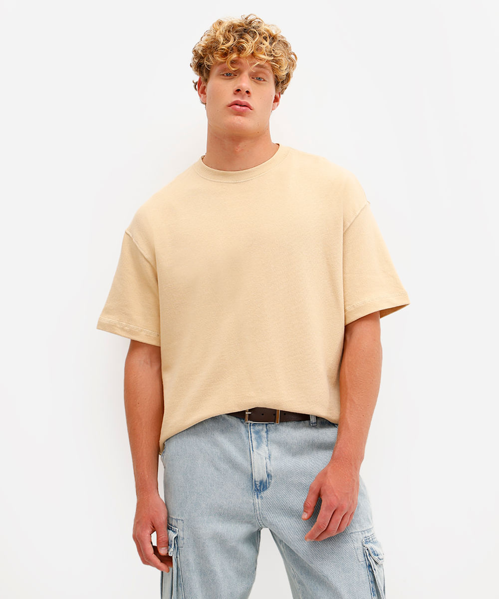 camiseta oversized masculina de moletom sem felpa bege