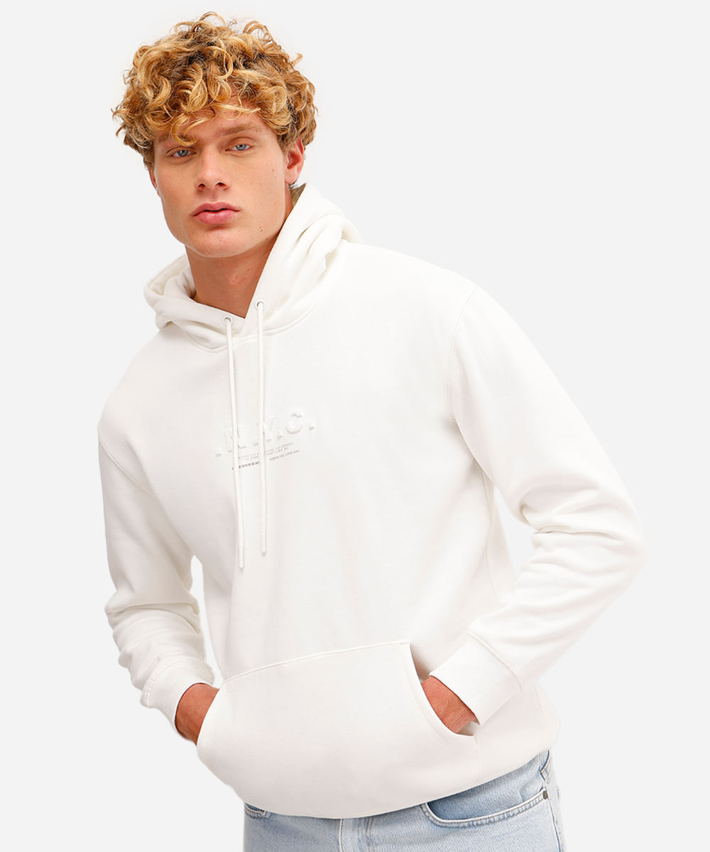 blusão oversized masculino de moletom felpado nyc com capuz off white