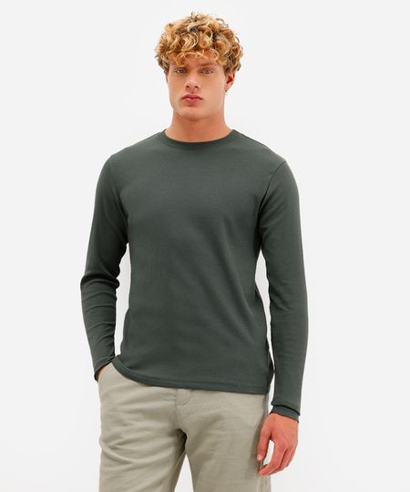 camiseta slim masculina de algodão manga longa canelada verde PP