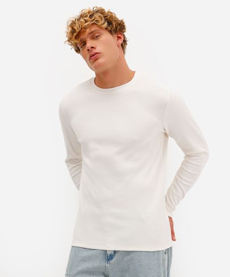 camiseta slim masculina de algodão manga longa canelada off white P
