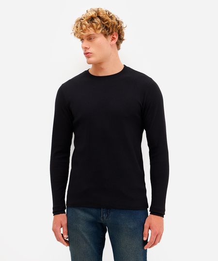 camiseta slim masculina de algodão manga longa canelada preta PP