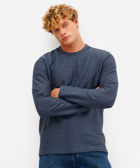 camiseta masculina de algodão manga longa canelada azul M