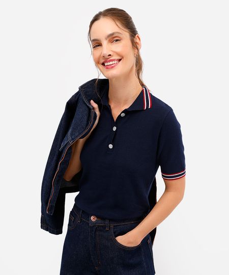 polo feminina de tricot manga curta azul M