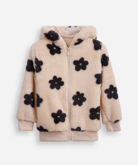 jaqueta de pelúcia infantil com capuz floral bege 6 jaqueta de pelúcia infantil com capuz floral bege 6