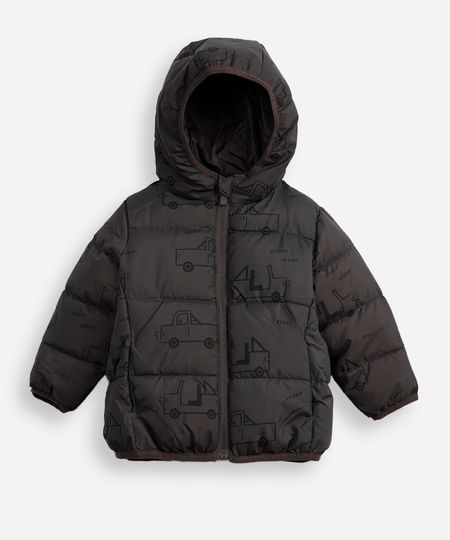 jaqueta puffer infantil com capuz carrinhos cinza 2 jaqueta puffer infantil com capuz carrinhos cinza 2