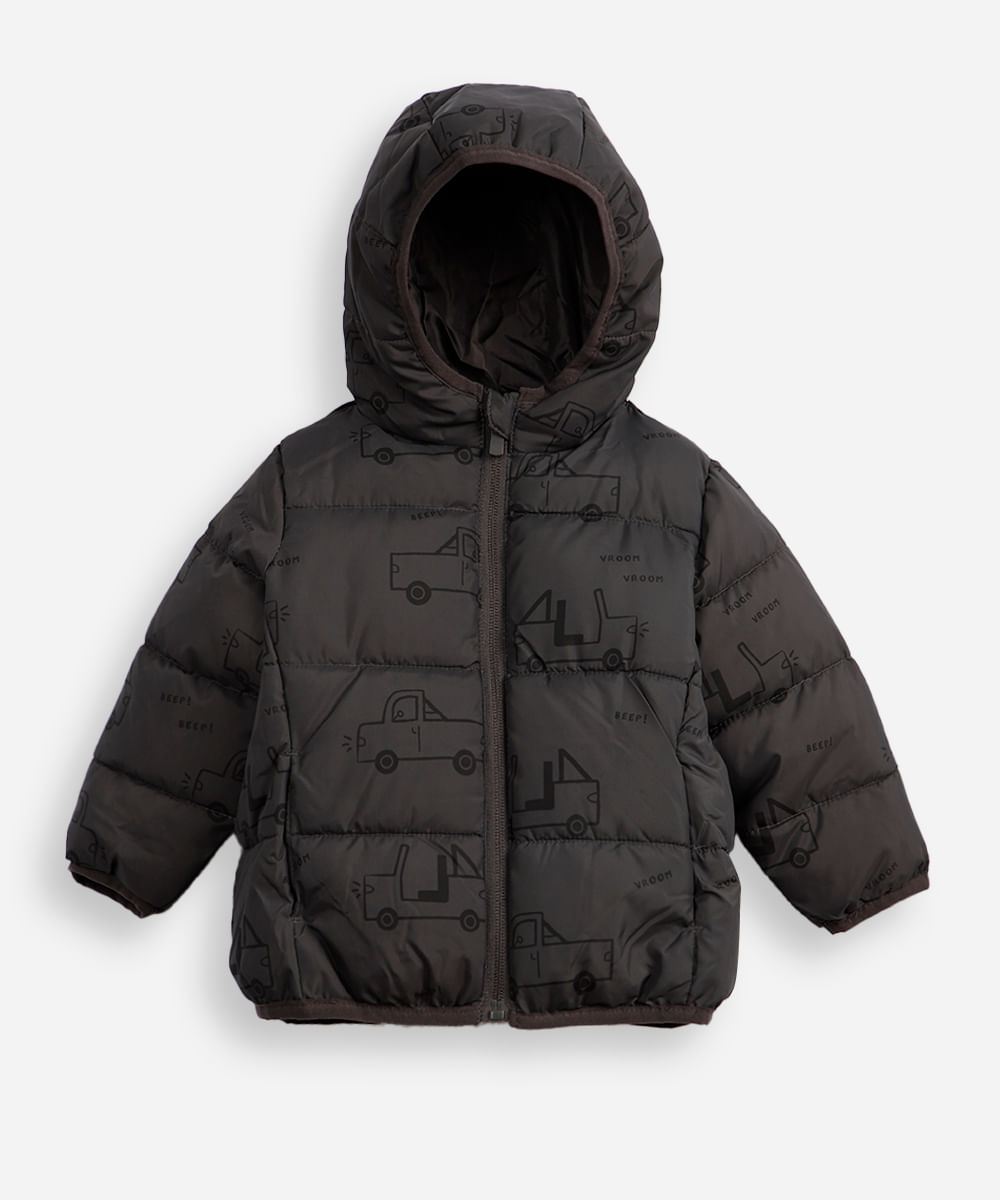 jaqueta puffer infantil com capuz carrinhos cinza