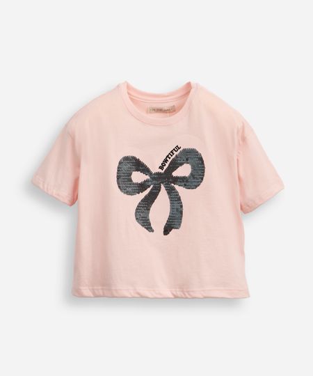 camiseta de algodão infantil lacinho com paetê rosa 6 camiseta de algodão infantil lacinho com paetê rosa 6