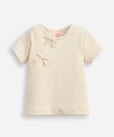 blusa de algodão infantil com lacinho canelada bege 2