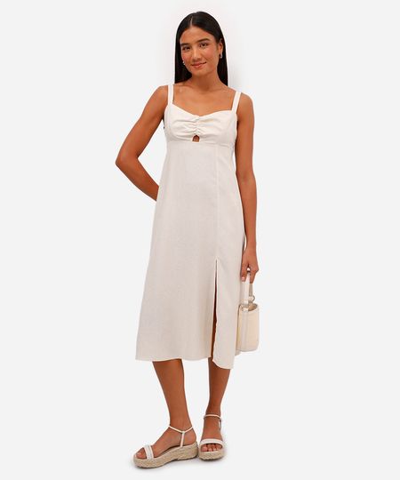 vestido midi feminino com linho e recorte bege PP vestido midi feminino com linho e recorte bege PP