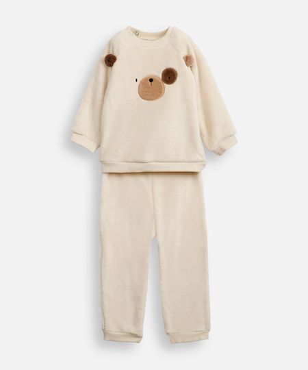 conjunto infantil longo de fleece ursinho bege 3-6